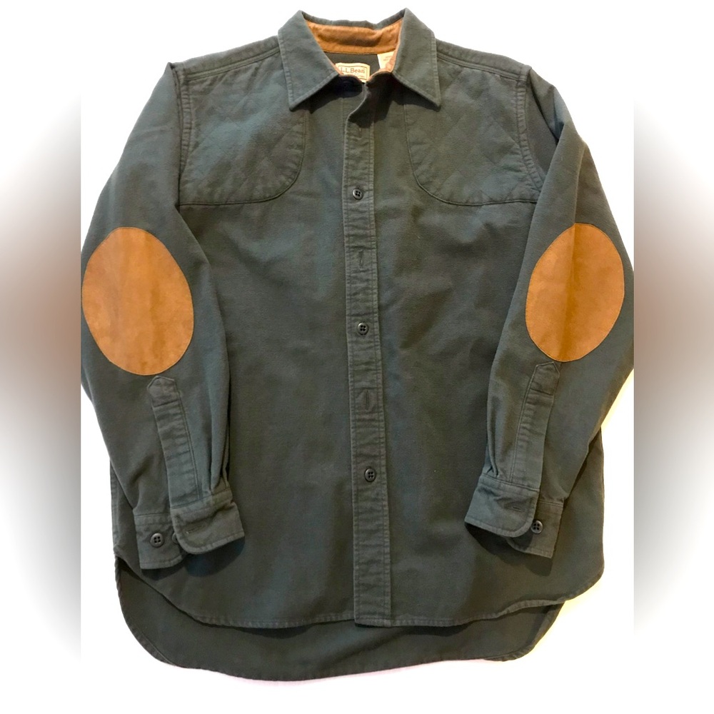 Vtg Lands End Soft 100% Cotton green Button Shirt Collar & Elbow Patches Sz M